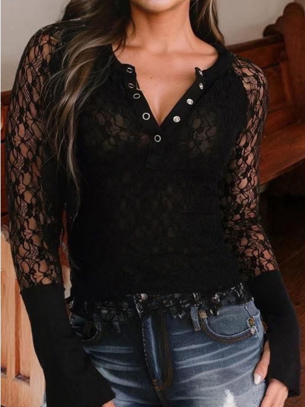 Black Lace Henley Long-Sleeve Top - Feminine Sheer Detail